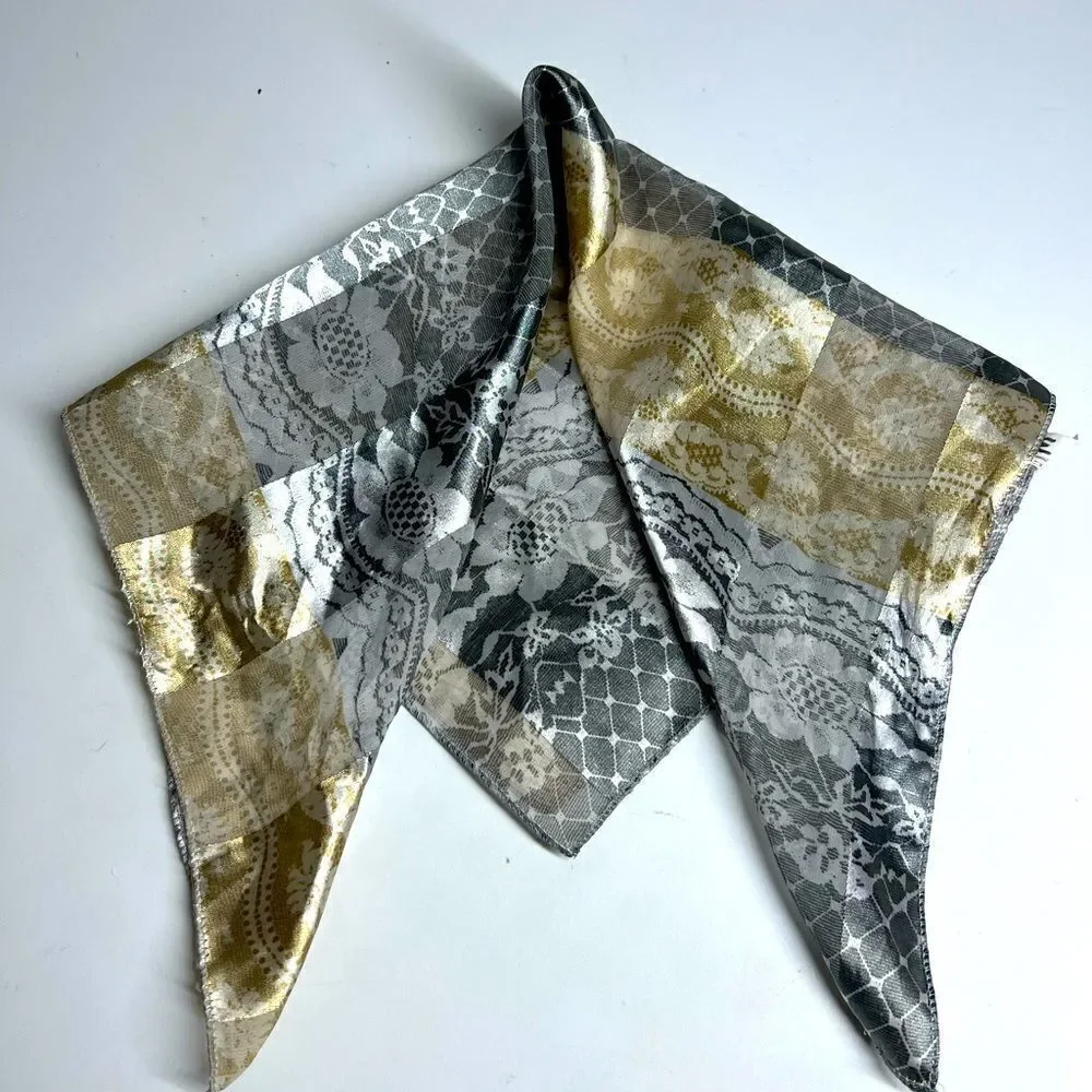 Rare Luxury JACQUARD CHARCOAL BOHEMIAN SCARF PLATINUM GOLD 19”x19”